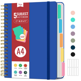 Hardcover Spiral Journal Notebooks for Work With Removable Dividers & Tabs, 8.5"x11" 5 Subject Notebook for Note Taking & Organizer, A4 College Ruled Lined Journal for Women & Writing, Pink, 280 Pages