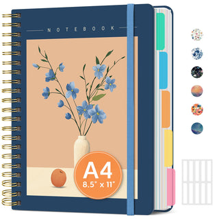 Large Spiral Lined Notebooks for Work with Removable Dividers & Tabs, 8.5"x11" Pretty Hardcover 5 Subject Notebook Journal for Women, College Ruled, Perfect for Study & Office Organization, 280 Pages,Wildflowers
