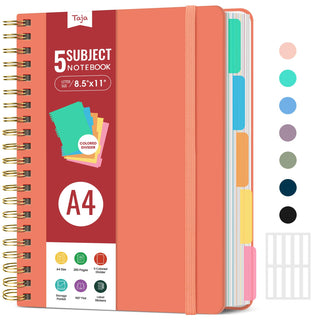 Hardcover Spiral Journal Notebooks for Work With Removable Dividers & Tabs, 8.5"x11" 5 Subject Notebook for Note Taking & Organizer, A4 College Ruled Lined Journal for Women & Writing, Pink, 280 Pages