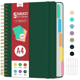 Hardcover Spiral Journal Notebooks for Work With Removable Dividers & Tabs, 8.5"x11" 5 Subject Notebook for Note Taking & Organizer, A4 College Ruled Lined Journal for Women & Writing, Pink, 280 Pages