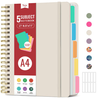 Hardcover Spiral Journal Notebooks for Work With Removable Dividers & Tabs, 8.5"x11" 5 Subject Notebook for Note Taking & Organizer, A4 College Ruled Lined Journal for Women & Writing, Pink, 280 Pages