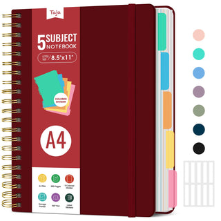 Hardcover Spiral Journal Notebooks for Work With Removable Dividers & Tabs, 8.5"x11" 5 Subject Notebook for Note Taking & Organizer, A4 College Ruled Lined Journal for Women & Writing, Pink, 280 Pages