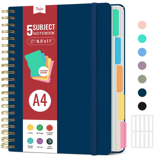 Hardcover Spiral Journal Notebooks for Work With Removable Dividers & Tabs, 8.5"x11" 5 Subject Notebook for Note Taking & Organizer, A4 College Ruled Lined Journal for Women & Writing, Pink, 280 Pages