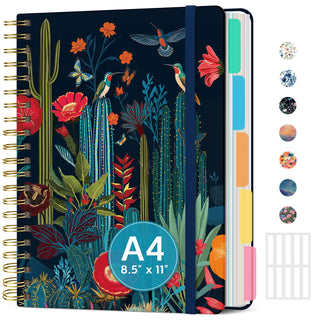 Large Spiral Lined Notebooks for Work with Removable Dividers & Tabs, 8.5"x11" Pretty Hardcover 5 Subject Notebook Journal for Women, College Ruled, Perfect for Study & Office Organization, 280 Pages,Wildflowers