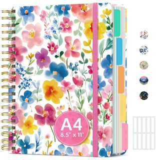 Large Lined Spiral Journal for Women Cute Hardcover 5 Subject Notebook for Work 8.5" x 11" with Removable Dividers & Tabs, College Ruled, 280 Pages Aesthetic Journal for Work, School & Note Taking, Garden of Whimsy