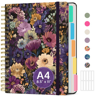 Large Spiral Lined Notebooks for Work with Removable Dividers & Tabs, 8.5"x11" Pretty Hardcover 5 Subject Notebook Journal for Women, College Ruled, Perfect for Study & Office Organization, 280 Pages,Wildflowers