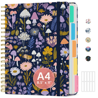 Large Lined Spiral Journal for Women Cute Hardcover 5 Subject Notebook for Work 8.5" x 11" with Removable Dividers & Tabs, College Ruled, 280 Pages Aesthetic Journal for Work, School & Note Taking, Garden of Whimsy
