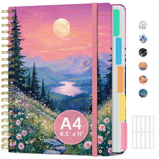 Large Spiral Lined Notebooks for Work with Removable Dividers & Tabs, 8.5"x11" Pretty Hardcover 5 Subject Notebook Journal for Women, College Ruled, Perfect for Study & Office Organization, 280 Pages,Wildflowers