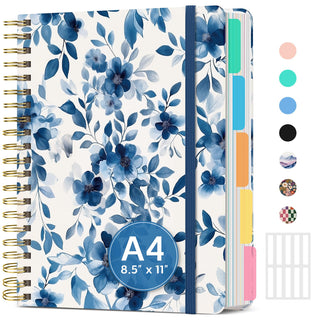 Large Spiral Lined Notebooks for Work with Removable Dividers & Tabs, 8.5"x11" Pretty Hardcover 5 Subject Notebook Journal for Women, College Ruled, Perfect for Study & Office Organization, 280 Pages,Wildflowers