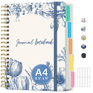 Large Lined Spiral Journal for Women Cute Hardcover 5 Subject Notebook for Work 8.5" x 11" with Removable Dividers & Tabs, College Ruled, 280 Pages Aesthetic Journal for Work, School & Note Taking, Garden of Whimsy