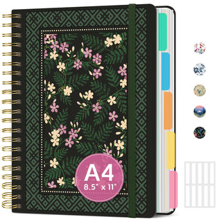 Large Lined Spiral Journal for Women Cute Hardcover 5 Subject Notebook for Work 8.5" x 11" with Removable Dividers & Tabs, College Ruled, 280 Pages Aesthetic Journal for Work, School & Note Taking, Garden of Whimsy
