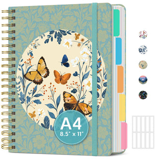 Large Lined Spiral Journal for Women Cute Hardcover 5 Subject Notebook for Work 8.5" x 11" with Removable Dividers & Tabs, College Ruled, 280 Pages Aesthetic Journal for Work, School & Note Taking, Garden of Whimsy
