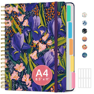 Large Spiral Lined Notebooks for Work with Removable Dividers & Tabs, 8.5"x11" Pretty Hardcover 5 Subject Notebook Journal for Women, College Ruled, Perfect for Study & Office Organization, 280 Pages,Wildflowers