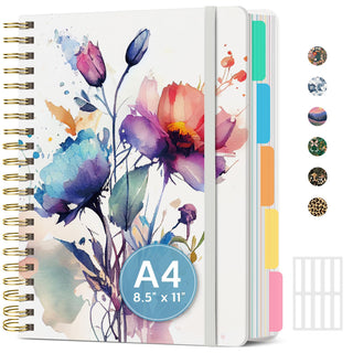 Large Spiral Notebook with Dividers & Tabs, 8.5" x 11" Hardcover 5 Subject Notebook for Work, 280 pages, College Ruled, Cute Journal for Women, Perfect for Study & Office Note Taking, Garden