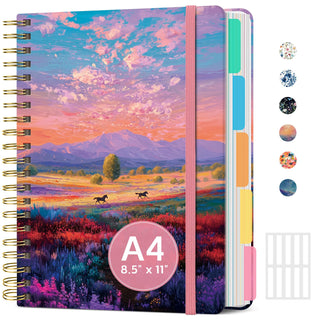 Large Spiral Lined Notebooks for Work with Removable Dividers & Tabs, 8.5"x11" Pretty Hardcover 5 Subject Notebook Journal for Women, College Ruled, Perfect for Study & Office Organization, 280 Pages,Wildflowers