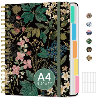 Large Spiral Notebook with Dividers & Tabs, 8.5" x 11" Hardcover 5 Subject Notebook for Work, 280 pages, College Ruled, Cute Journal for Women, Perfect for Study & Office Note Taking, Garden