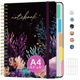 Large Spiral Lined Notebooks for Work with Removable Dividers & Tabs, 8.5"x11" Pretty Hardcover 5 Subject Notebook Journal for Women, College Ruled, Perfect for Study & Office Organization, 280 Pages,Wildflowers