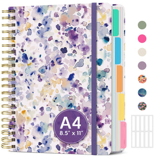 Large Spiral Lined Notebooks for Work with Removable Dividers & Tabs, 8.5"x11" Pretty Hardcover 5 Subject Notebook Journal for Women, College Ruled, Perfect for Study & Office Organization, 280 Pages,Wildflowers