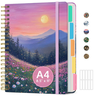 Large Spiral Notebook with Dividers & Tabs, 8.5" x 11" Hardcover 5 Subject Notebook for Work, 280 pages, College Ruled, Cute Journal for Women, Perfect for Study & Office Note Taking, Garden