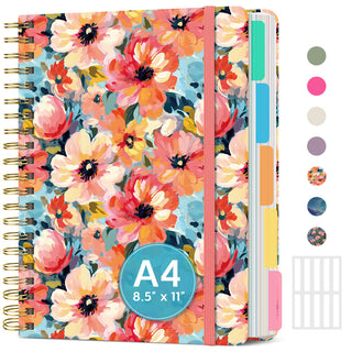 Large Spiral Lined Notebooks for Work with Removable Dividers & Tabs, 8.5"x11" Pretty Hardcover 5 Subject Notebook Journal for Women, College Ruled, Perfect for Study & Office Organization, 280 Pages,Wildflowers