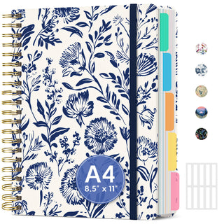 Large Lined Spiral Journal for Women Cute Hardcover 5 Subject Notebook for Work 8.5" x 11" with Removable Dividers & Tabs, College Ruled, 280 Pages Aesthetic Journal for Work, School & Note Taking, Garden of Whimsy