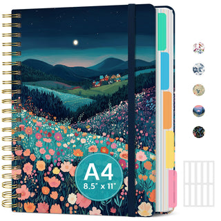 Large Lined Spiral Journal for Women Cute Hardcover 5 Subject Notebook for Work 8.5" x 11" with Removable Dividers & Tabs, College Ruled, 280 Pages Aesthetic Journal for Work, School & Note Taking, Garden of Whimsy