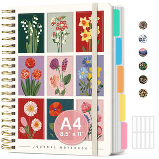 Large Spiral Notebook with Dividers & Tabs, 8.5" x 11" Hardcover 5 Subject Notebook for Work, 280 pages, College Ruled, Cute Journal for Women, Perfect for Study & Office Note Taking, Garden