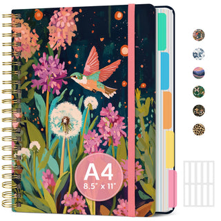 Large Spiral Notebook with Dividers & Tabs, 8.5" x 11" Hardcover 5 Subject Notebook for Work, 280 pages, College Ruled, Cute Journal for Women, Perfect for Study & Office Note Taking, Garden