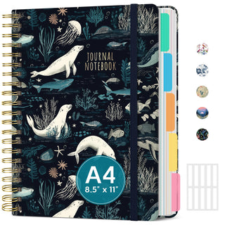 Large Lined Spiral Journal for Women Cute Hardcover 5 Subject Notebook for Work 8.5" x 11" with Removable Dividers & Tabs, College Ruled, 280 Pages Aesthetic Journal for Work, School & Note Taking, Garden of Whimsy