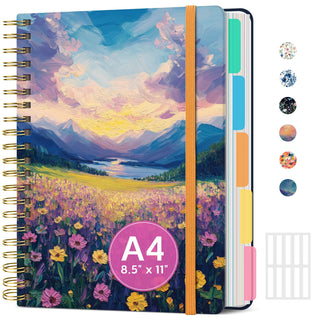 Large Spiral Lined Notebooks for Work with Removable Dividers & Tabs, 8.5"x11" Pretty Hardcover 5 Subject Notebook Journal for Women, College Ruled, Perfect for Study & Office Organization, 280 Pages,Wildflowers