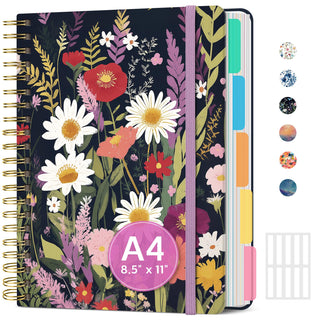 Large Spiral Lined Notebooks for Work with Removable Dividers & Tabs, 8.5"x11" Pretty Hardcover 5 Subject Notebook Journal for Women, College Ruled, Perfect for Study & Office Organization, 280 Pages,Wildflowers