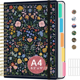 Large Lined Spiral Journal for Women Cute Hardcover 5 Subject Notebook for Work 8.5" x 11" with Removable Dividers & Tabs, College Ruled, 280 Pages Aesthetic Journal for Work, School & Note Taking, Garden of Whimsy