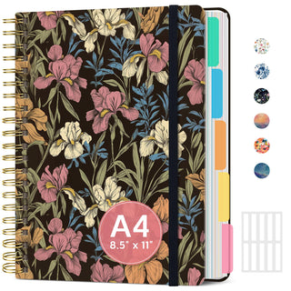 Large Spiral Lined Notebooks for Work with Removable Dividers & Tabs, 8.5"x11" Pretty Hardcover 5 Subject Notebook Journal for Women, College Ruled, Perfect for Study & Office Organization, 280 Pages,Wildflowers