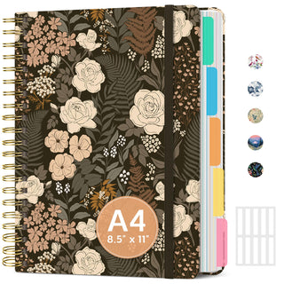 Large Lined Spiral Journal for Women Cute Hardcover 5 Subject Notebook for Work 8.5" x 11" with Removable Dividers & Tabs, College Ruled, 280 Pages Aesthetic Journal for Work, School & Note Taking, Garden of Whimsy