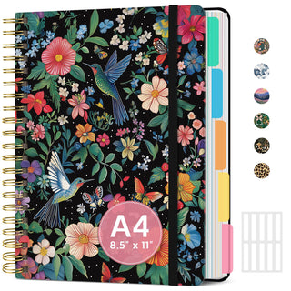 Large Spiral Notebook with Dividers & Tabs, 8.5" x 11" Hardcover 5 Subject Notebook for Work, 280 pages, College Ruled, Cute Journal for Women, Perfect for Study & Office Note Taking, Garden