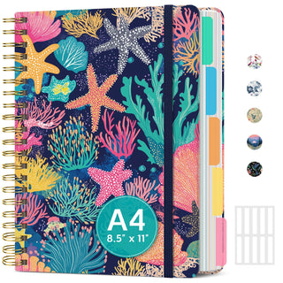 Large Lined Spiral Journal for Women Cute Hardcover 5 Subject Notebook for Work 8.5" x 11" with Removable Dividers & Tabs, College Ruled, 280 Pages Aesthetic Journal for Work, School & Note Taking, Garden of Whimsy