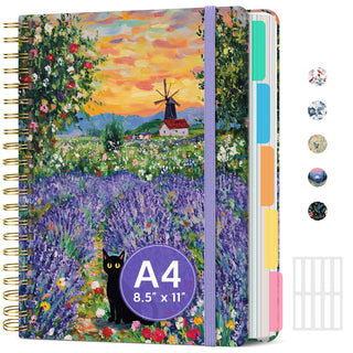 Large Lined Spiral Journal for Women Cute Hardcover 5 Subject Notebook for Work 8.5" x 11" with Removable Dividers & Tabs, College Ruled, 280 Pages Aesthetic Journal for Work, School & Note Taking, Garden of Whimsy